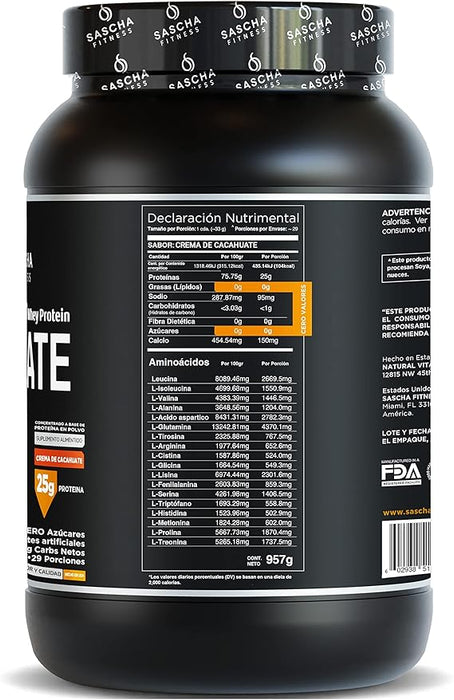 SASCHA FITNESS SUPLEMENTO ALIMENTICIO PROTEÍNA SABOR CREMA DE CACAHUATE, 1044 GR GRADO B
