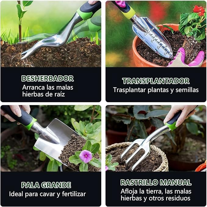 HOGESA Juego de Herramientas de jardín, 11Pzs Herramientas de Jardinería de Aluminio de Alta Resistencia, Kit de Jardinería, con Bolsa para Guardar Herramientas y Delantal Grado B