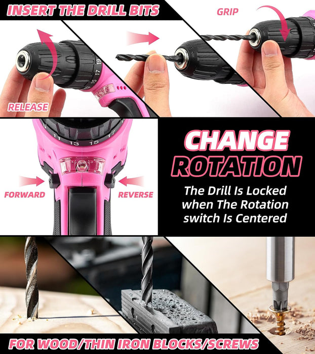 PINK TOOL SET: TOOL KIT WITH 12V CORDLESS DRILL SET FOR WOMEN HOME HAND REPAIR TOOLS SETS DRILLS CASE GRADO A