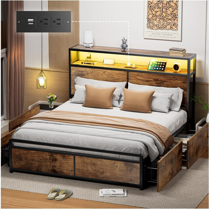 MARCO DE CAMA CON 4 CAJONES, BASE CAMA MATRIMONIAL CABECERA CON LUCES LED, BASE DE CAMA CON CABECERA ESTACIÓN DE CARGA USB Y ESPACIO DE ALMACENAMIENTO, CAMA MATRIMONIAL MARCO DE CAMA FÁCIL MONTAJE             GRADO B