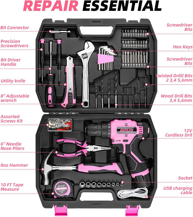 PINK TOOL SET: TOOL KIT WITH 12V CORDLESS DRILL SET FOR WOMEN HOME HAND REPAIR TOOLS SETS DRILLS CASE GRADO A