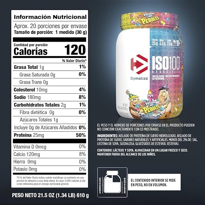 DYMATIZE X BIRTHDAY CAKE PEBBLES ISO100 WHEY PROTEIN POWDER ISOLATE, 25G OF PROTEIN, 20 SERVINGS, 5.5G BCAAS, 120 CAL., GLUTEN FREE, 1G FAT, 1G SUGAR, 2G CARB GRADO B