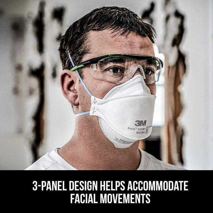 3M Aura 9205+, N95, paquete de 20 respiradores desechables, envueltos individualmente, diseño de 3 paneles de plegado plano que permite movimientos faciales, cómodo, aprobado por NIOSH GRADO B