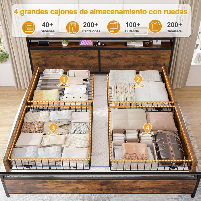 MARCO DE CAMA CON 4 CAJONES, BASE CAMA MATRIMONIAL CABECERA CON LUCES LED, BASE DE CAMA CON CABECERA ESTACIÓN DE CARGA USB Y ESPACIO DE ALMACENAMIENTO, CAMA MATRIMONIAL MARCO DE CAMA FÁCIL MONTAJE             GRADO B