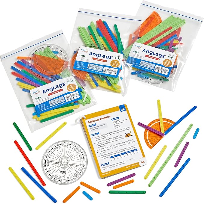 hand2mind AngLegs - Juego de aula con 30 transportadores, manipuladores de geometría, formas geométricas para aula, materiales de matemáticas Montessori, herramientas de enseñanza de matemáticas, GRADO B