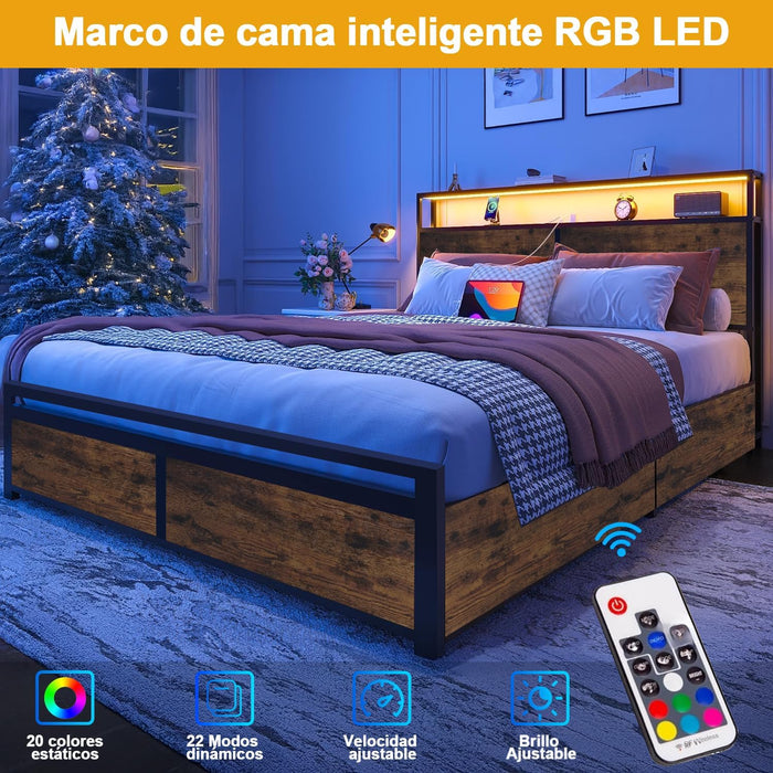 MARCO DE CAMA CON 4 CAJONES, BASE CAMA MATRIMONIAL CABECERA CON LUCES LED, BASE DE CAMA CON CABECERA ESTACIÓN DE CARGA USB Y ESPACIO DE ALMACENAMIENTO, CAMA MATRIMONIAL MARCO DE CAMA FÁCIL MONTAJE             GRADO B
