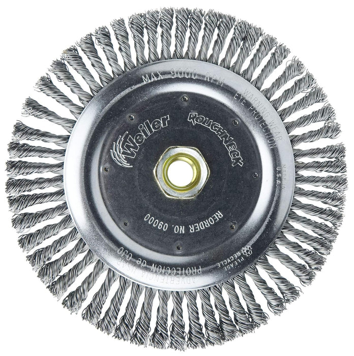 Weiler 09000 Dualife 5/8"-11, tamaño de cable de 0.25", diámetro de 6-7/8", ancho de la cara, 3/16", cerdas de acero, cara muy estrecha, cepillo para polvo para rueda de alambre con nudo giratorio grado b