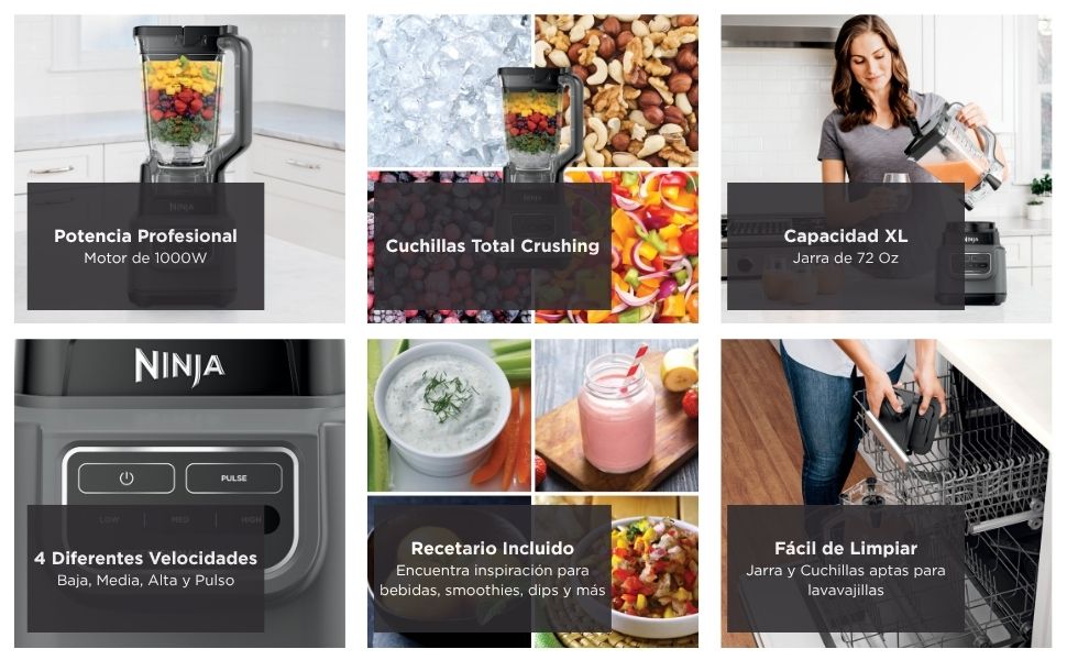 NINJA Licuadora Clásica, 1000 Vatios, Velocidades Baja, Media y Alta, Jarra de 72 oz, Gris Oscuro, GRADO A - TiendaKomet México