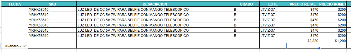 LUZ LED  DE CC 5V 7W PARA SELFIE CON MANGO TELESCOPICO