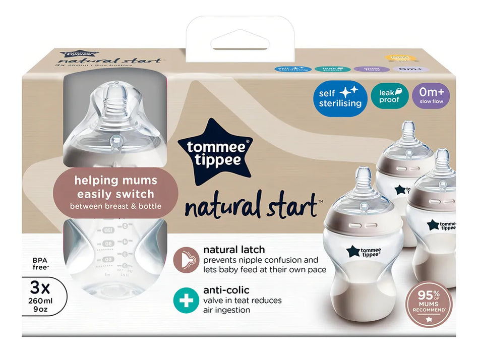 Tommee Tippee Biberones, Natural Start Biberón Anticólico con Tetina de Flujo Lento, 0m+, Autoesterilizante, Esenciales para la Alimentación del Bebé, Pack de 4