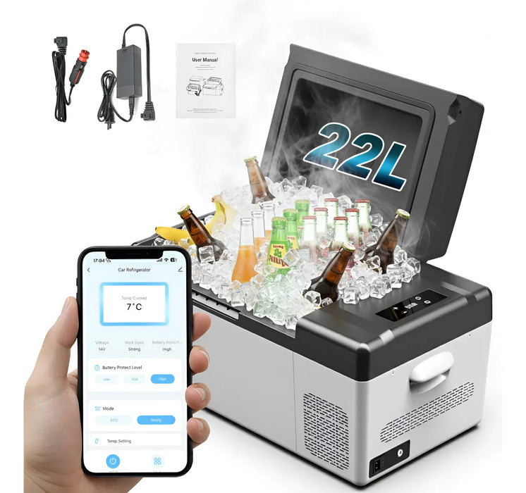 REFRIGERADOR PORTATIL WELLKERA 22L NEGRO PARA AUTO Y HOGAR CON CONGELADOR -20° C GRADO B