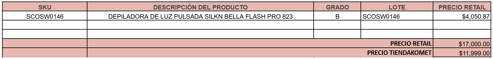 DEPILADORA DE LUZ PULSADA SILKN BELLA FLASH PRO 823 GRADO B