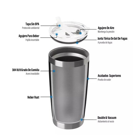 vaso termico 20oz acero inoxidable popote y cepillo 3pack 4213 GRADO A