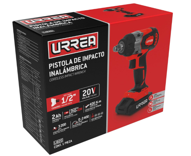 PISTOLA DE IMPACTO A BATERÍ­A DE 1/2 A 20 V 400 NM URREA COLOR ROJO GRADO B