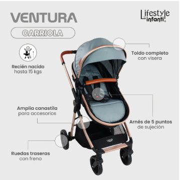 Carriola Travel System Con Base Lifestyle By Infanti Ventura Color Gris Chasis Dorado GRADO B