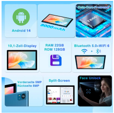 ANDROID 14 TABLET 22GB + 128GB WIFI 5G OCTA-CORE CON MOUSE GRADO B