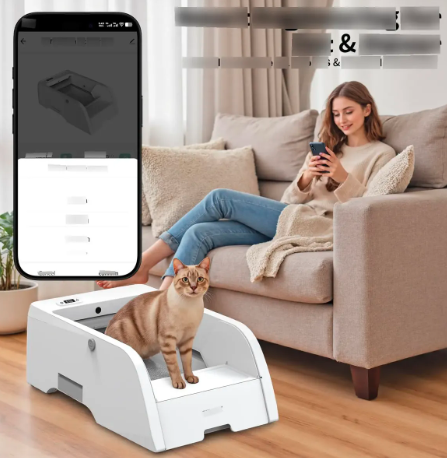 CAJA DE ARENA AUTOLIMPIANTE, CAJA DE ARENA AUTOMÁTICA MEJORADA PARA GATOS CON CONTROL DE APLICACIÓN, DISEÑO ABIERTO QUE ATRAE A LOS GATOS GRADO B