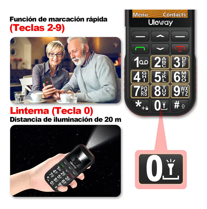 ULEWAY TELEFONO MOVIL PARA ADULTOS MAYORES, 4G LTE, BOTON SOS, BOTONES GRANDES, TECLADO ILUMINADO, VOLUMEN ALTO, LINTERNA, FM, RESISTENTE, 1800MAH, NEGRO GRADO B