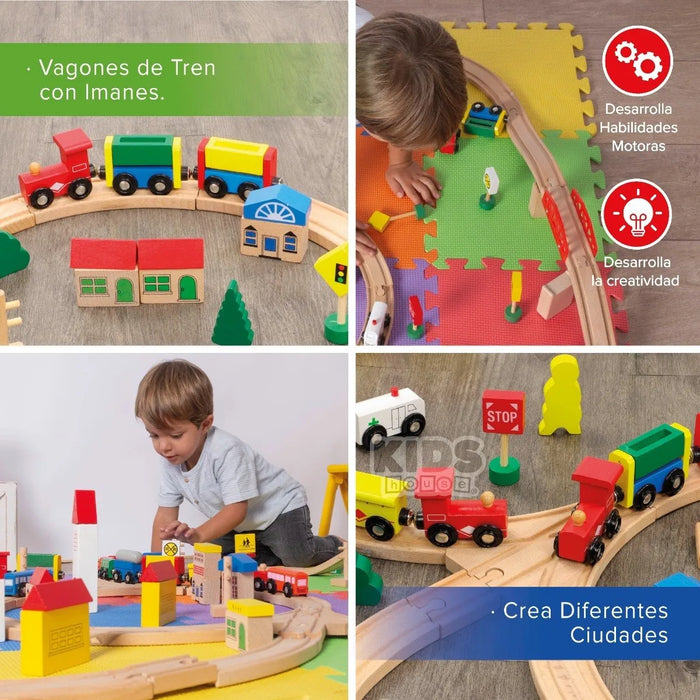 Kids house juego tren de madera, juguete para niños, color madera, kids house 100 piezas con uniones magneticas GRADO B