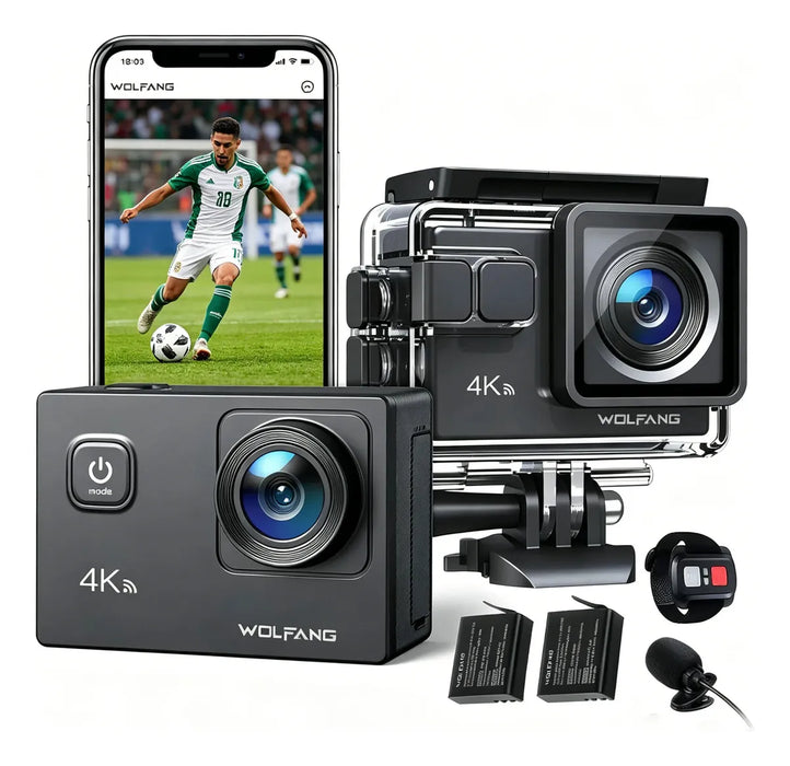 CÁMARA DEPORTIVA WOLFANG GA100 4K 30FPS 20MP SUMERGIBLE 40M CON MICRÓFONO REMOTO NEGRO GRADO B