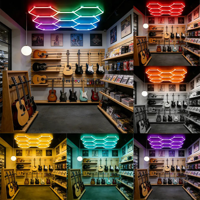 LAMPARAS LED DE TECHO RGB 8 LUCES LED HEXAGONALES DE PANAL DE ABEJA 221X230CM,LUCES HEXAGONALES DE PANAL DE ABEJA DE SUPERBRILLANTE, TECHO DE LED DE TIENDA PARA ALMACÉN, TALLER COLORIDO BLANCO GRADO B