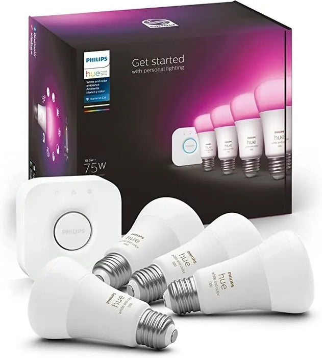 Pack X4 Focos Philips Hue Get Started E26 + Hue Bridge Color De La Luz Blanco Cálido, Blanco Frio Y Multicolor grado B