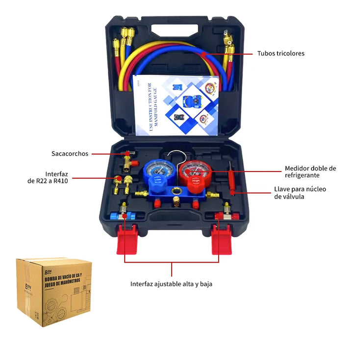 Bomba de Vacío 4 CFM 1/3 HP para Aire Acondicionado y Refrigeración | Kit con Manómetro R134a, R22, R410a, R404a GRADO B