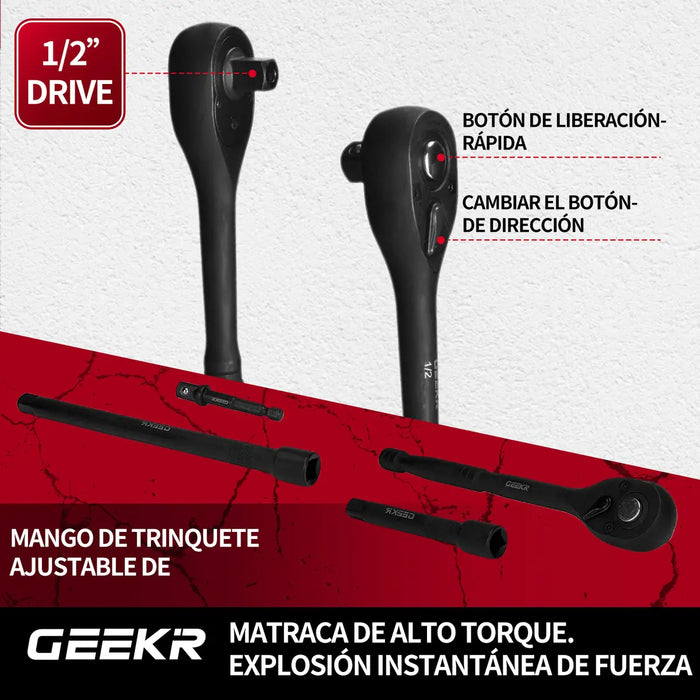 GEEKR JUEGO MECÁNICO 42PZ 1/2  8-32MM DADOS ALTO IMPACTO AUTOCLE INDUSTRIAL MATRACA PESADO ROJO GRADO B
