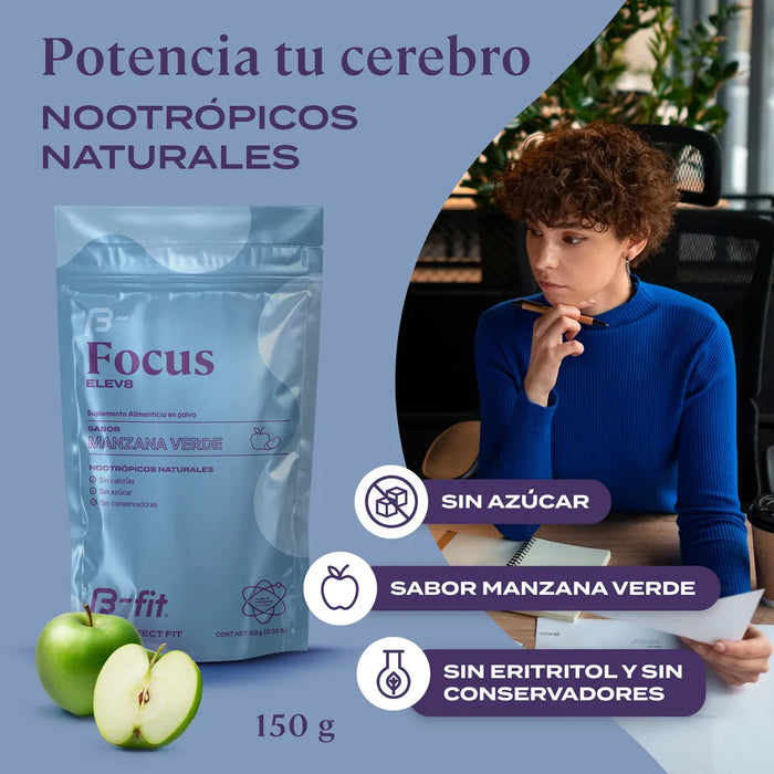 B-FIT B Focus Nootrópicos Naturales Sin Azúcar - Sabor Manzana Verde - 30 Porciones 150g - Suplemento Alimenticio en Polvo - Sin Eritritol y Sin Conservadores - Sin Calorías GRADO B