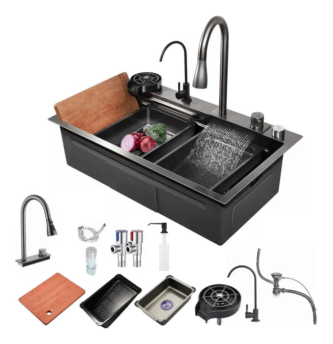 FREGADERO DE COCINA DE ACERO INOXIDABLE CON ACCESORIOS 80X45 SUPERFICIE CEPILLADA CON PRECISIÓN BOKOPTYR ESQUINAS REDONDEADAS PARA EVITAR GOLPES RESISTENTE AL ACEITE Y A LAS MANCHAS GRIS OSCURO GRADO B