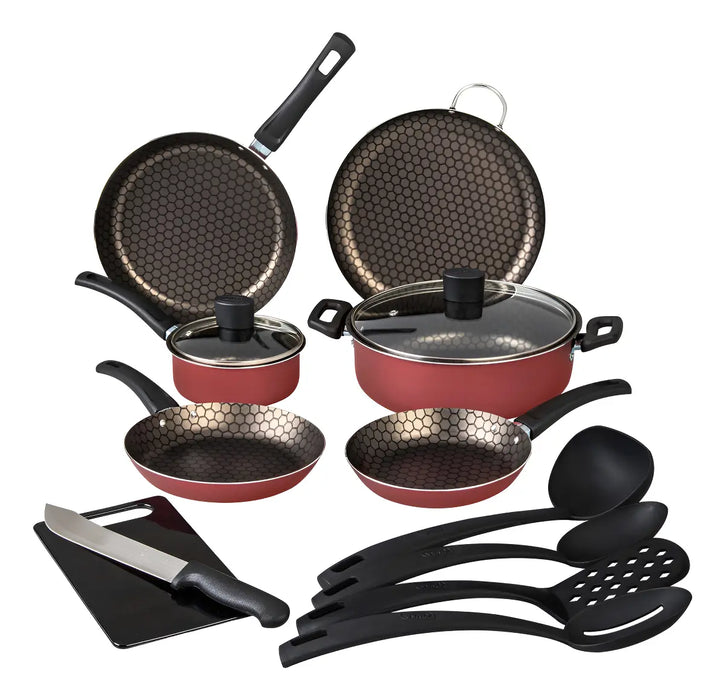 BATERÍ­A DE COCINA CINSA DE ALUMINIO CON ANTIADHERENTE 14 PZ. ROJO GRADO B