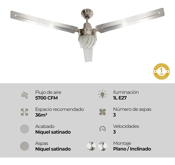 VENTILADOR DE TECHO INDUSTRIAL PLATA 54 ACERO 60W 1 LUZ CANTIDAD DE ASPAS 3 COLOR DE LA ESTRUCTURA PLATEADO COLOR DE LAS ASPAS PLATEADO DIÃ¡METRO 54 GRADO B