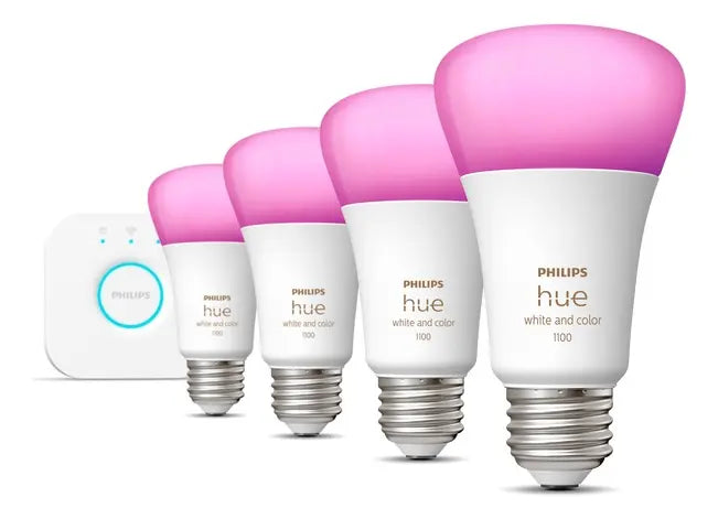 Pack X4 Focos Philips Hue Get Started E26 + Hue Bridge Color De La Luz Blanco Cálido, Blanco Frio Y Multicolor grado B