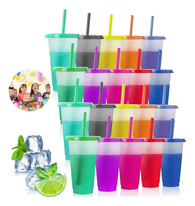 20 VASOS REUTILIZABLES PLASTICO 16OZ C/TAPA Y POPOTE GRADO B