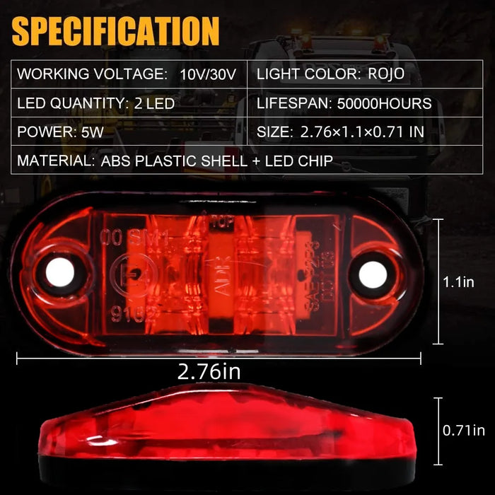 10pzs Focos Luz Led Rojo Indicadora Lateral Oval 10-30v Camión