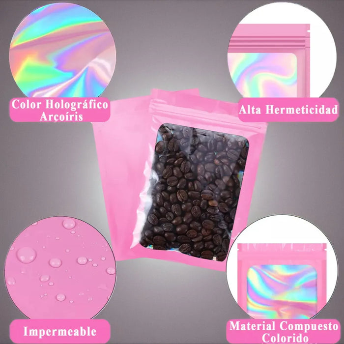 200 Bolsas Holográficas Rosas Plástico Resellables 10.5x15cm Color Rosa Grado A