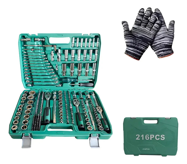 JUEGO DE HERRAMIENTAS MECÁNICAS SUNHUI DE 216 PIEZAS CON ESTUCHE VERDE GRADO B