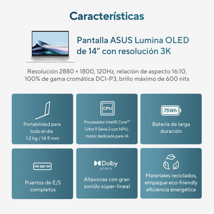 LAPTOP ASUS ZENBOOK 14 UX34 INTEL CORE ULTRA 5 16GB 512GB PLATEADO GRADO A