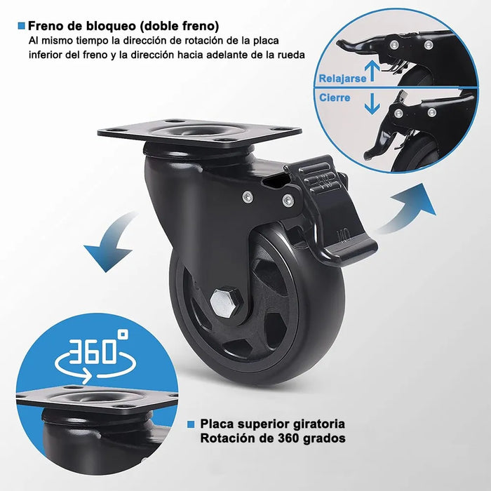 4 PIEZAS 4 PULGADAS RUEDAS 2 GIRATORIOS CON FRENO
