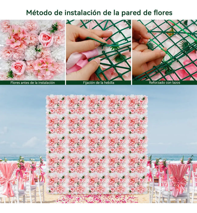 PANELES DE PARED DECORATIVOS VIKINGS PANDA 12 FLORES ROSAS Y HORTENSIAS ARTIFICIALES PINK WHITE GRADO B