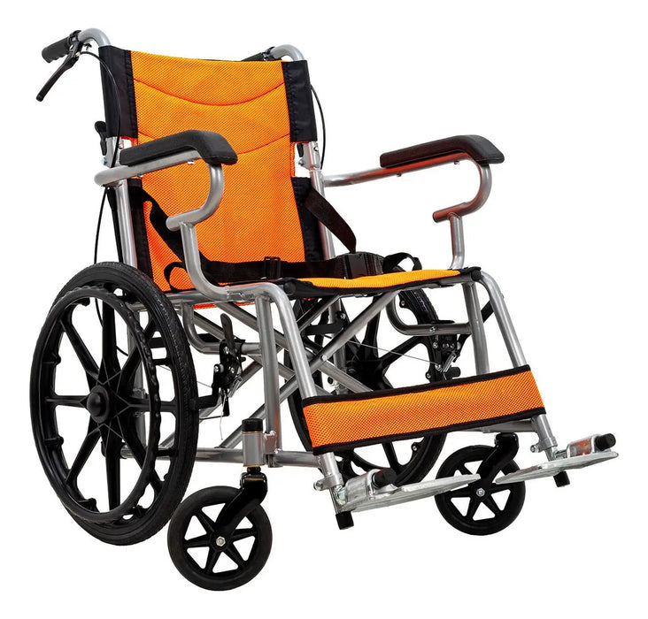 SILLA DE RUEDAS PLEGABLE TODO TERRENO REFORZADA DE LUJO CON RESPALDO ABATIBLE Y DESCANSAPIÉS ERGONÓMICOS MEDICAL STORE COLOR NARANJA GRADO B