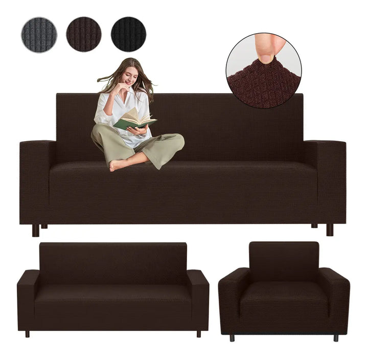 DEWENO PROTECTOR CUBRE SALA AJUSTABLE STRETCH ELÁSTICO 3PZAS, FUNDA ELÁSTICA SOFÁ PROTECTOR CUBRE SALA AJUSTABLE, FUNDAS PARA SOFAS CHOCOLATE LISA GRADO B