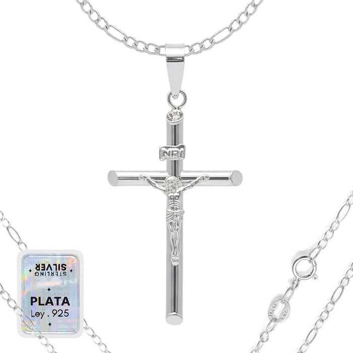 CADENA DE PLATA FINA 925 DIJE DE CRUZ PARA HOMBRE FIGARO60CM PLATEADO GRADO B