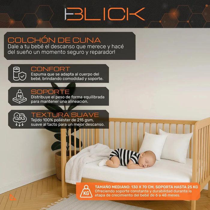 Colchon De Cuna Memory Foam 130 X 70 x 15 Cm Mediano Hipoalergénico Antibacterial 25 Kg Caja Blick Color Blanco     GRADO A