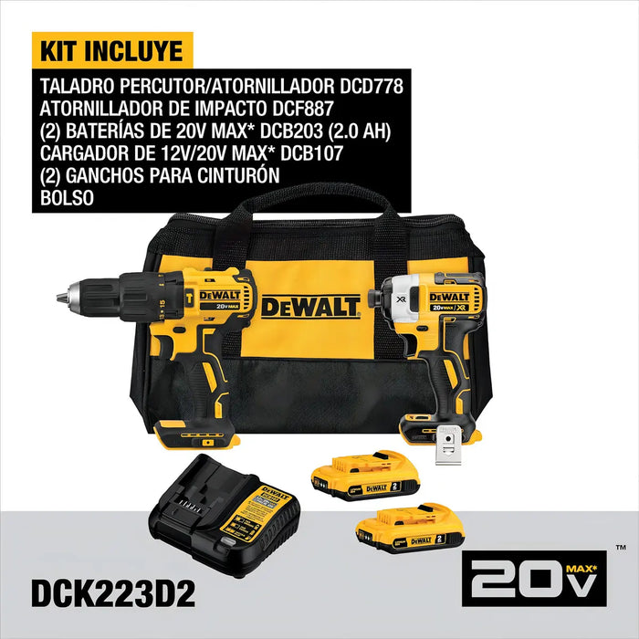 Combo DeWalt DCK223D2-B3 | Taladro Percutor 1/2" + Atornillador de Impacto 1/4" | Maletín Incluido | Grado A ✨