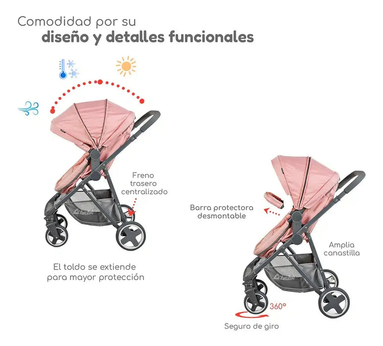 CARRIOLA D BEBE TRAVEL SYSTEM PRINCE CON AUTOASIENTO COLOR NEGRO CHASIS ROSA