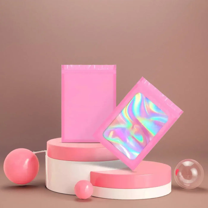 200 Bolsas Holográficas Rosas Plástico Resellables 10.5x15cm Color Rosa Grado A