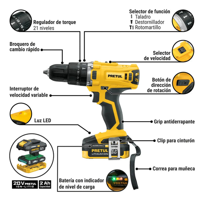 COMBO ROTOMARTILLO/DESTORNILLADOR + DESTORNILLADOR DE IMPACTO, 20V PRETUL COMBO-20P AMARILLO