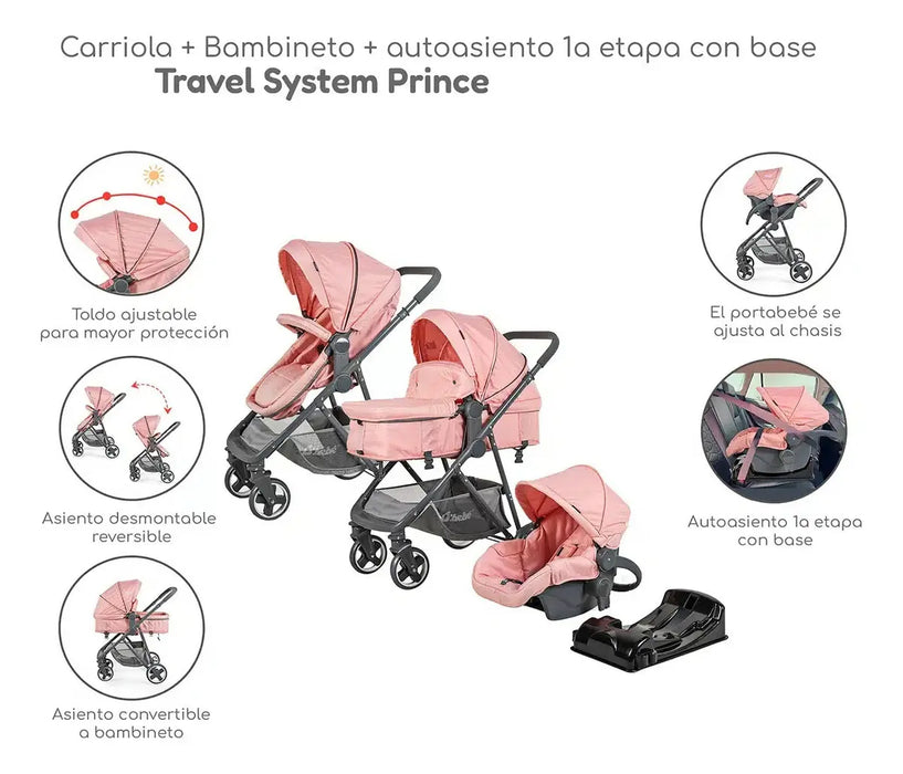 CARRIOLA D BEBE TRAVEL SYSTEM PRINCE CON AUTOASIENTO COLOR NEGRO CHASIS ROSA