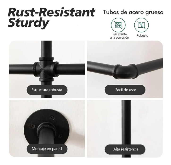 PERCHEROS DE ROPA INDUSTRIALES, PERCHEROS PARA COLGAR EN LA PARED, CON CUATRO VARILLAS PARA COLGAR, ESTANTES DE ROPA RESISTENTES, ORGANIZADOR DE CLÓSET STEAMPUNK INDUSTRIAL. GRADO B